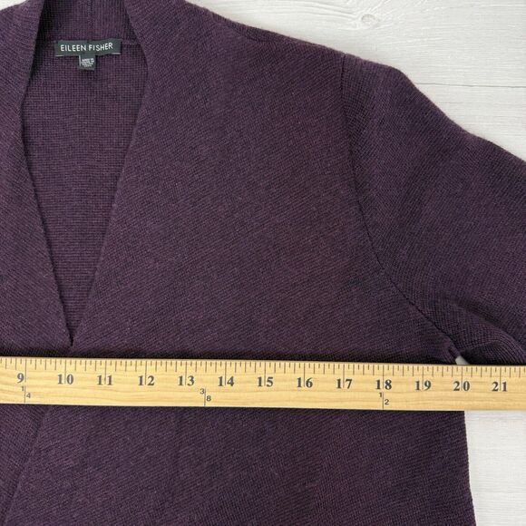 Eileen Fisher Cardigan Medium Purple Merino Wool Open Front Leather Trim Pockets - Picture 11 of 14